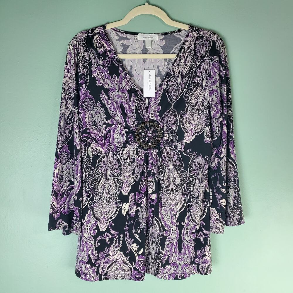 Dressbarn Womens Purple Black Embellished Printed V-Neck Blouse Top Size Large